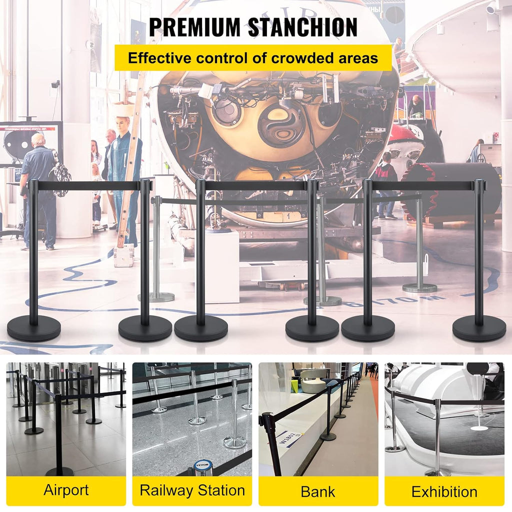 Crowd Control Stanchion Set, Stanchion Set with 6.6 ft/2 m Black Retractable Belt, Black Crowd Control Barrier