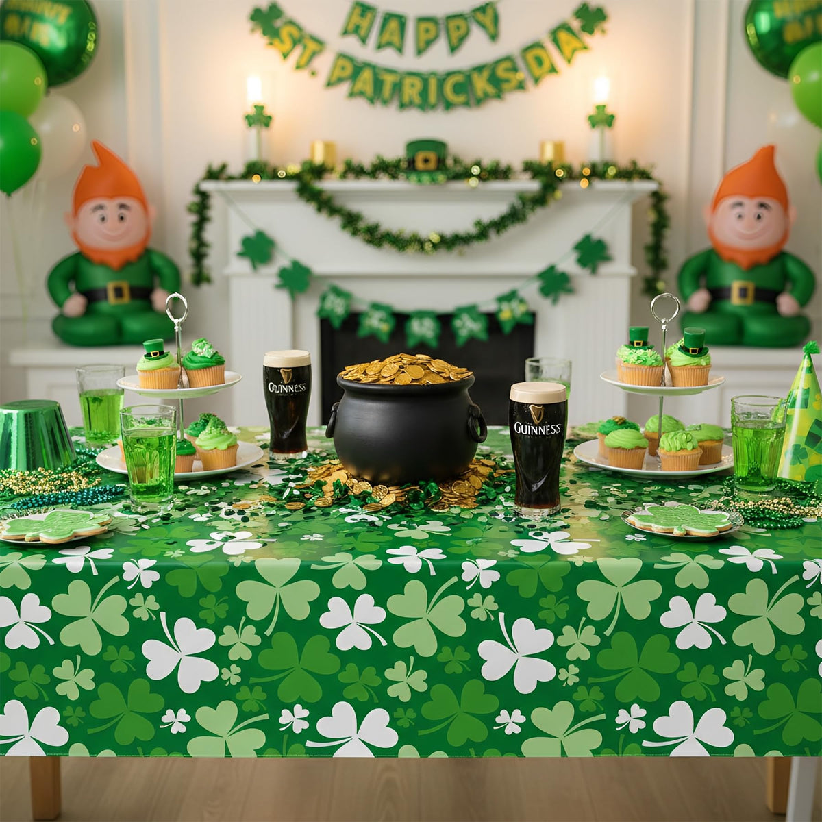 3 PCS St. Patrick’s Day Tablecloth, Green Shamrock Disposable Plastic Rectangle Table Covers for Irish Clover