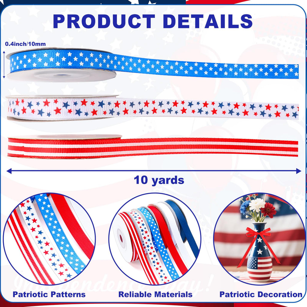 Patriotic Ribbon, 6 Rolls 60 Yards Red White Blue Grosgrain Ribbons
