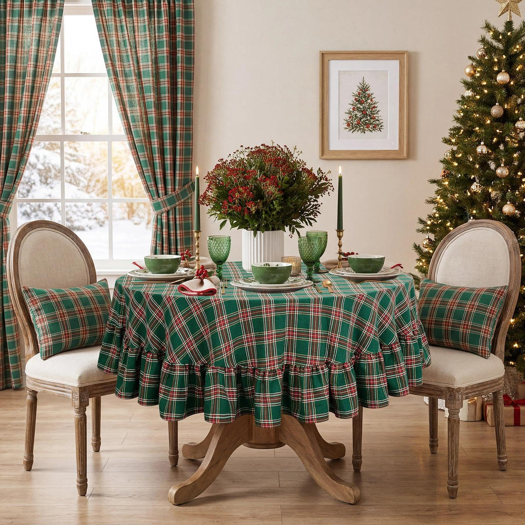 Christmas Ruffle Plaid Round Tablecloth, Green, 70" x 70"