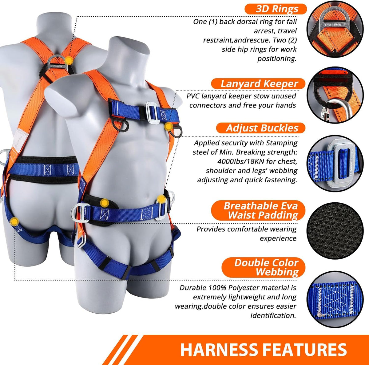 Safety Harness Fall Protection Kit: Full Body Roofing harnesses | Men Construction Harness Kit with Shock Absorbing