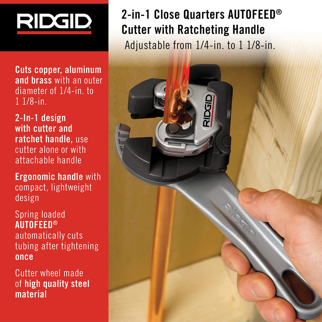 RIDGID 32573 Model 118 2-in-1 Close Quarters Tubing Cutter for 1/4" to 1-1/8" Copper, Brass, and Aluminum Tubing, Compact tubing cutter with AUTOFEED