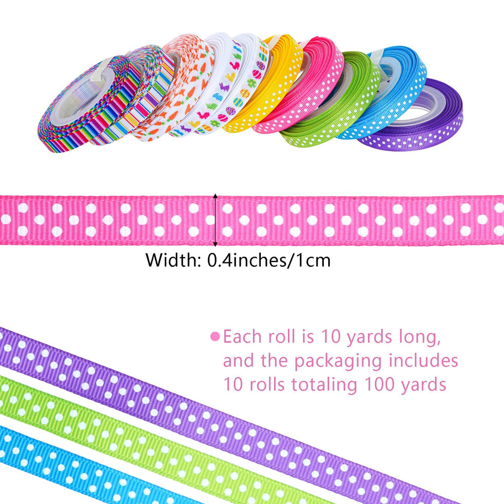 10 Rolls Easter Grosgrain Ribbon, 100 Yards 3/8 inch Easter Spring Bunny Eggs Carrot Stripe Rainbow Polka Dot Rabbit