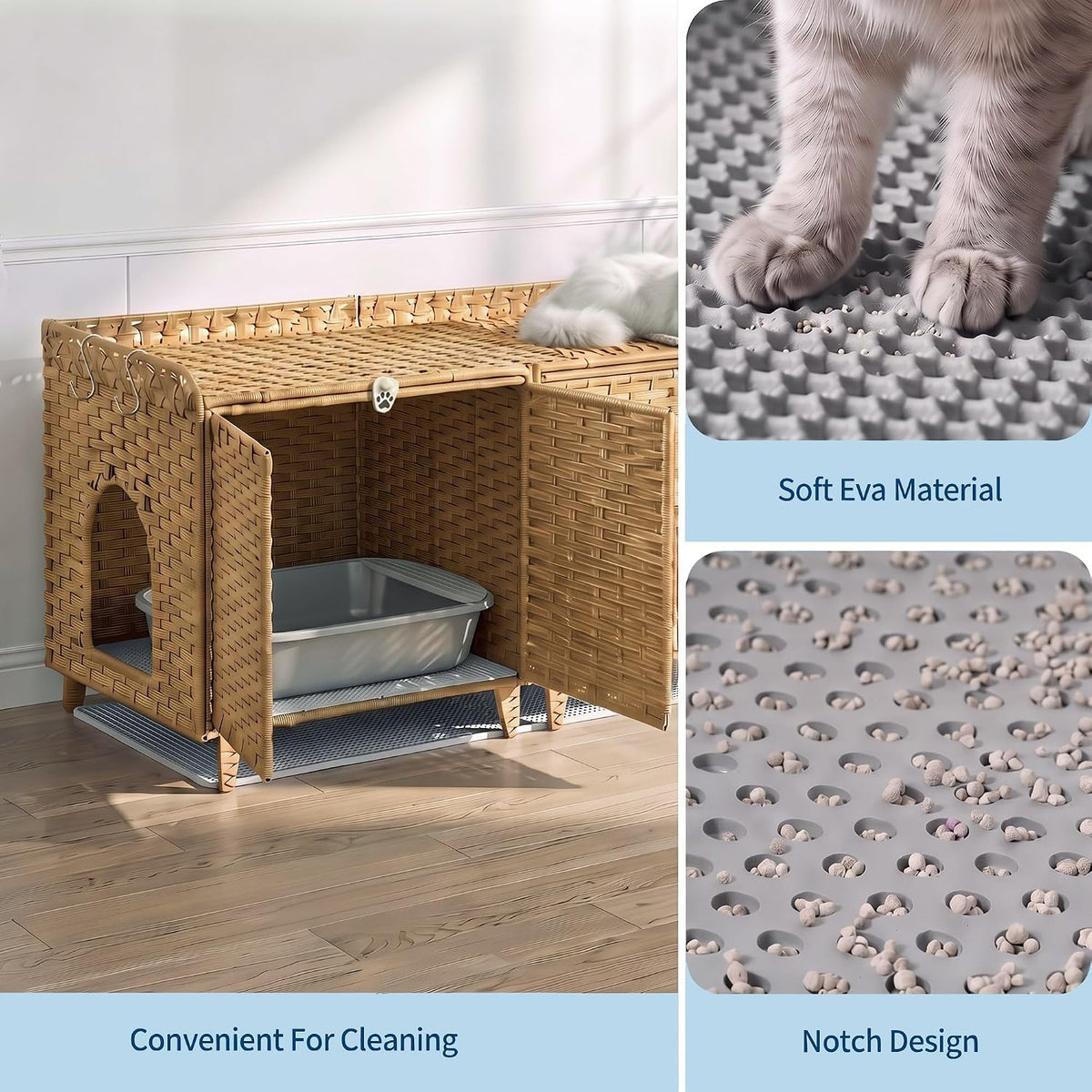 Cat Litter Box Enclosure for 2 Cats, PE Rattan