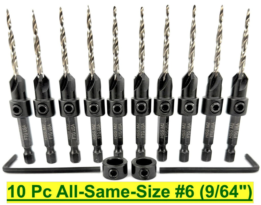 FTG USA 10 Pc #6 (9/64") Countersink Drill Bit Set with Tapered Drill Bits