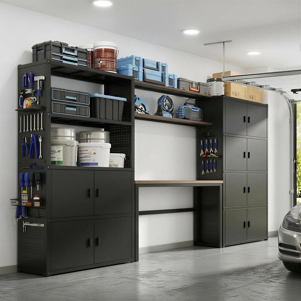 Garage Storage Cabinet System with Workbench & Pegboard, White