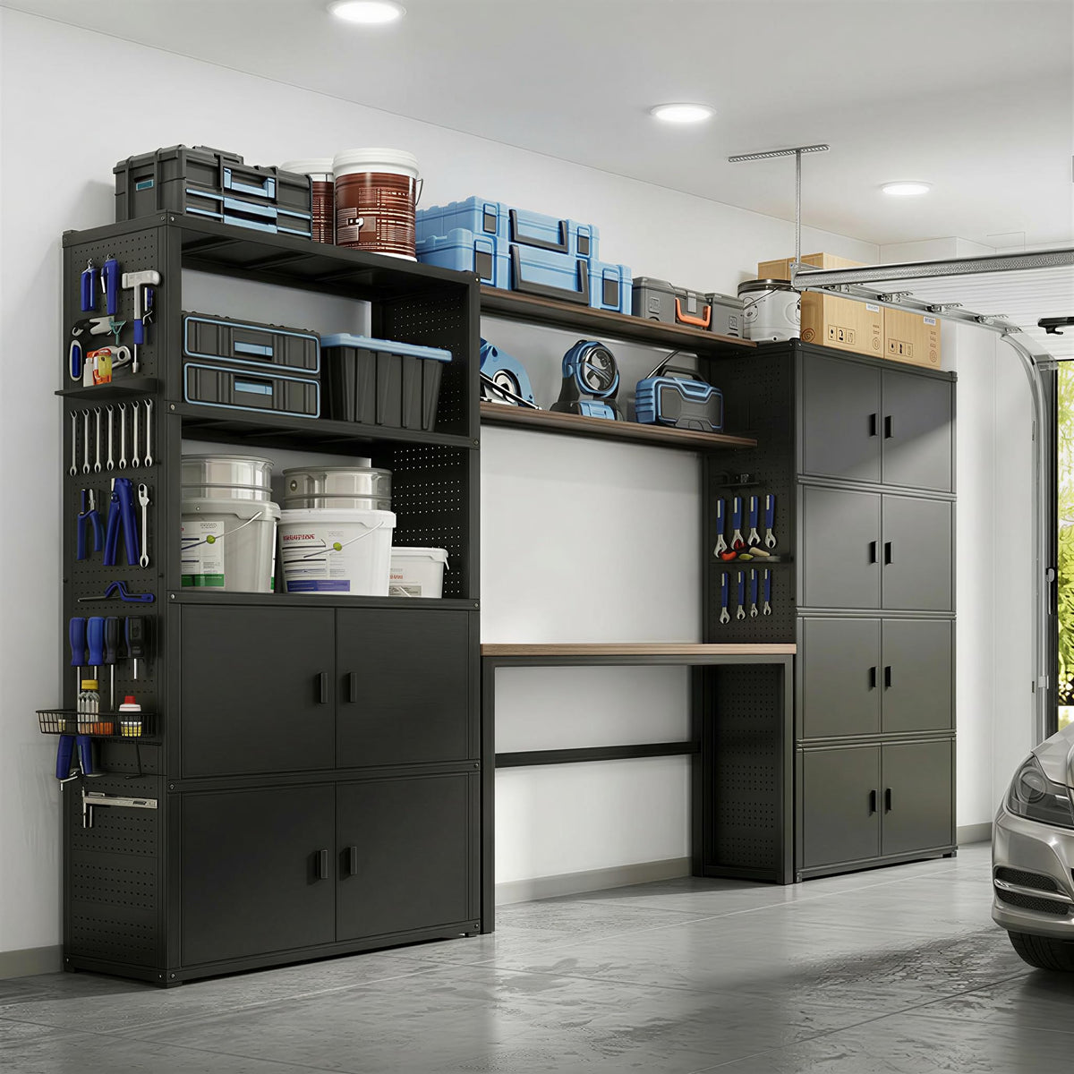 Garage Storage Cabinet System with Workbench & Pegboard, White