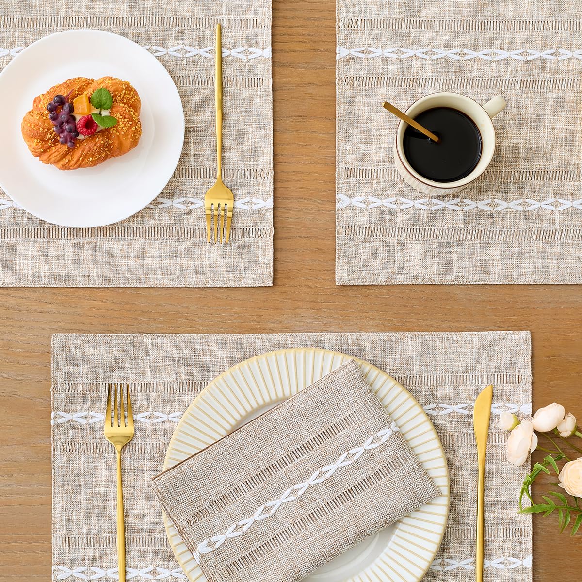Cotton Linen Place Mats, Brown Embroidered Placemats Set of 6