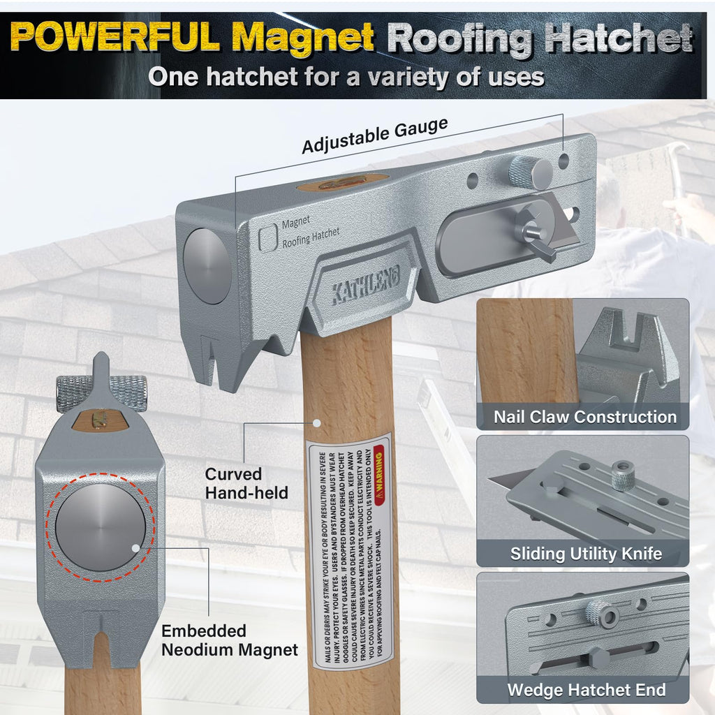 Magnetic Roofing Hatchet – Multi-Function Hammer for Roof Repair with Strong Magnet, Sliding Gauge, Built-in Utility