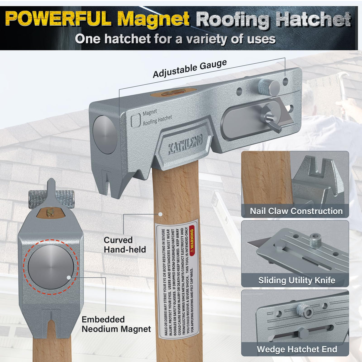 Magnetic Roofing Hatchet – Multi-Function Hammer for Roof Repair with Strong Magnet, Sliding Gauge, Built-in Utility