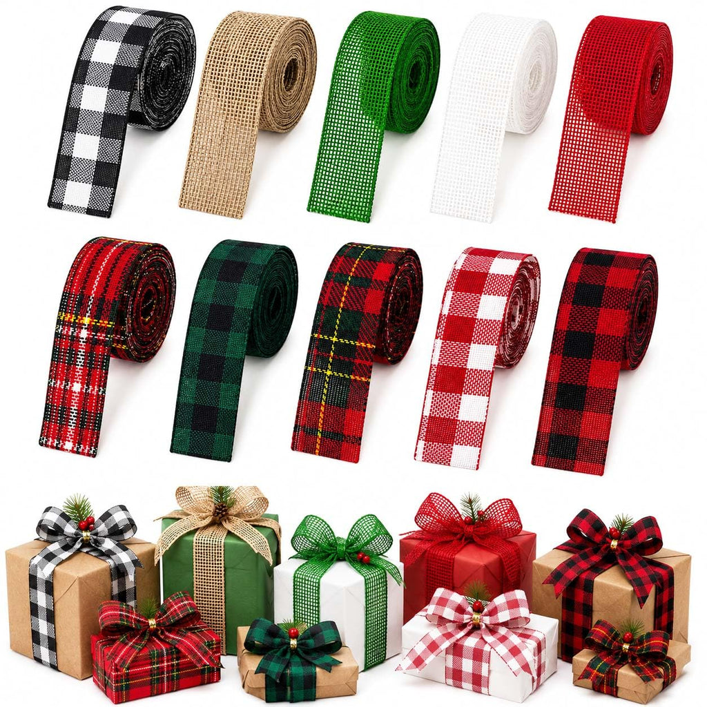 10 Rolls Christmas Wired Ribbon, 1 Inch x 50 Yards Plaid Burlap Ribbon Assortment, Red Green Holiday Ribbon for Tree