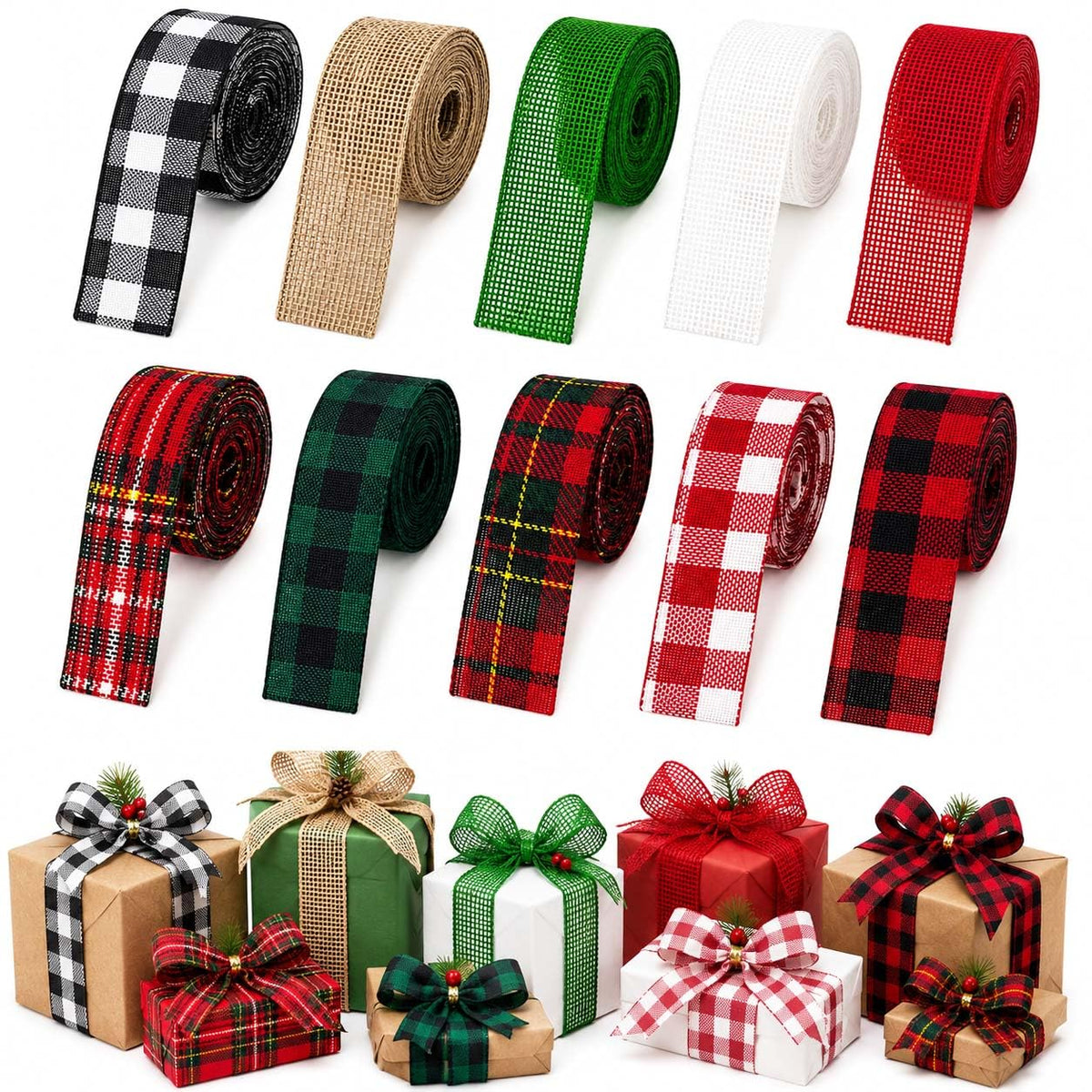 10 Rolls Christmas Wired Ribbon, 1 Inch x 50 Yards Plaid Burlap Ribbon Assortment, Red Green Holiday Ribbon for Tree