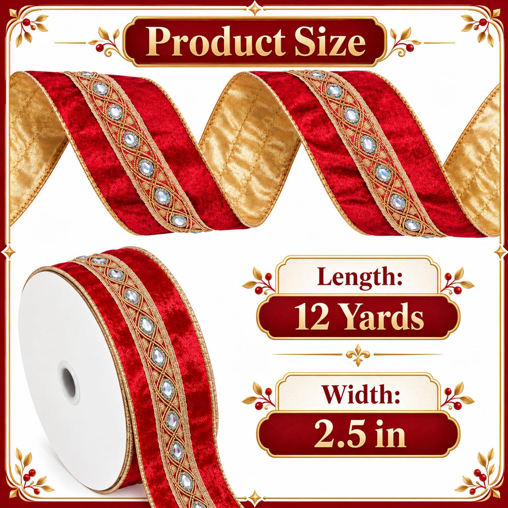 12Yd 2.5" Reversible Red Gold Velvet Wired Ribbon, Xmas Embroidered Ribbon