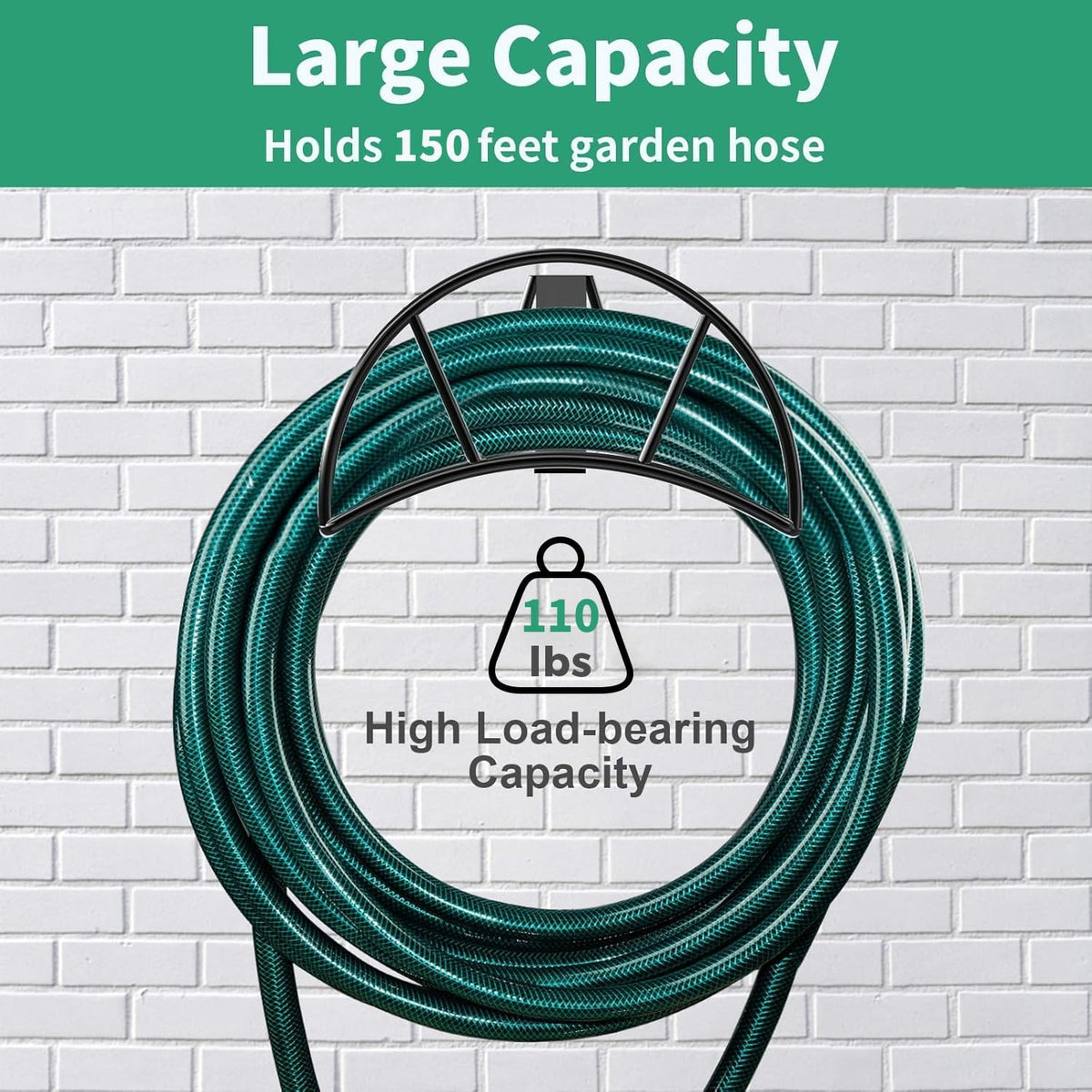 Garden Hose Holder Wall Mount, 150FT Capacity Water Hose Hanger | 7 mm Solid Metal Rod, One-Piece Welded Frame, 110
