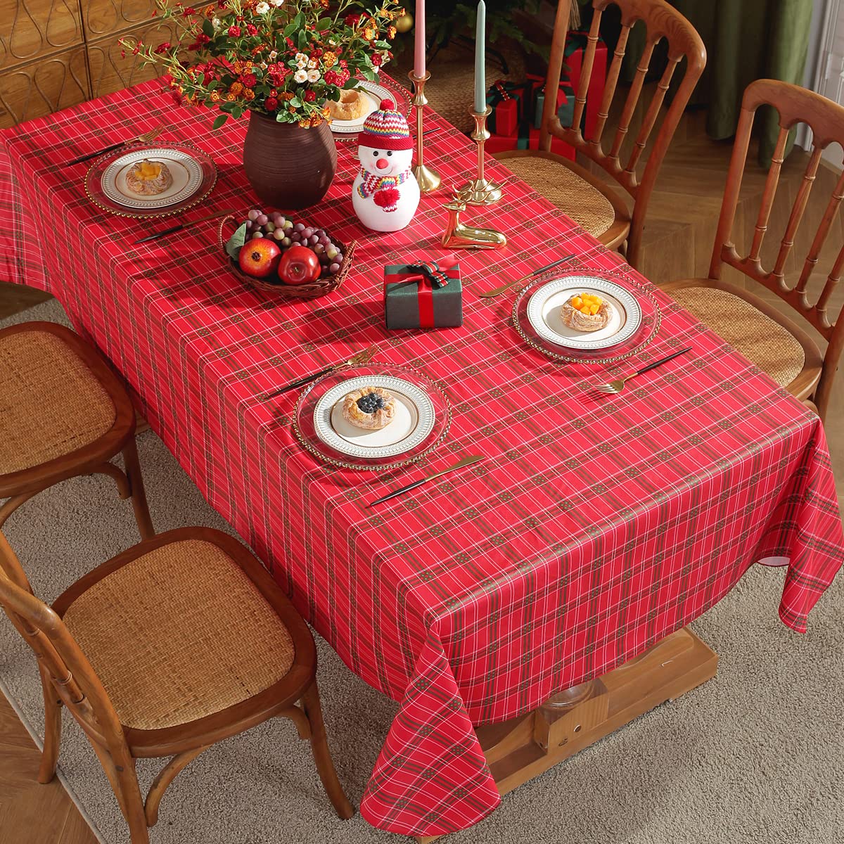 Christmas Vinyl Tablecloth Rectangle Buffalo Plaid, Red, 52"x70"