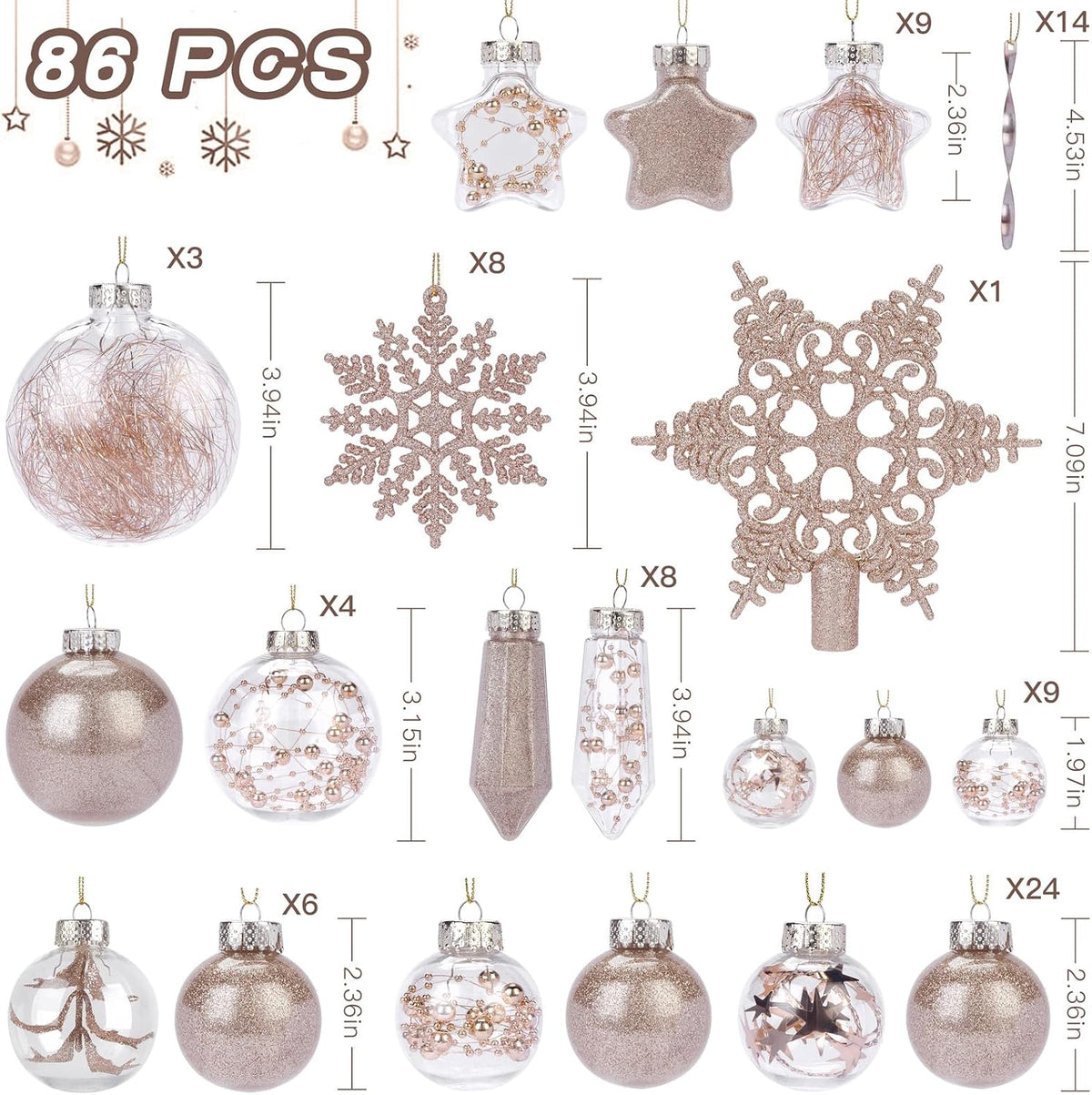 86PCS Christmas Tree Ornaments Clear Set,Shatterproof and Clear Plastic Baubles for Xmas Tree Decor, Holiday Wedding