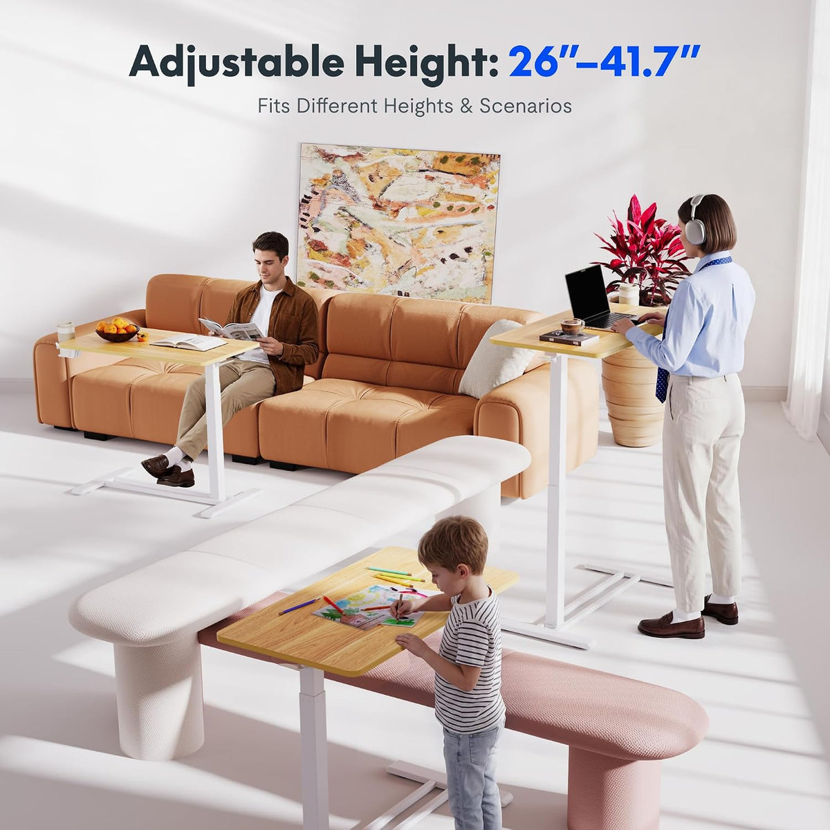 H7 32" Pneumatic Height-Adjustable Overbed Table with Wheels