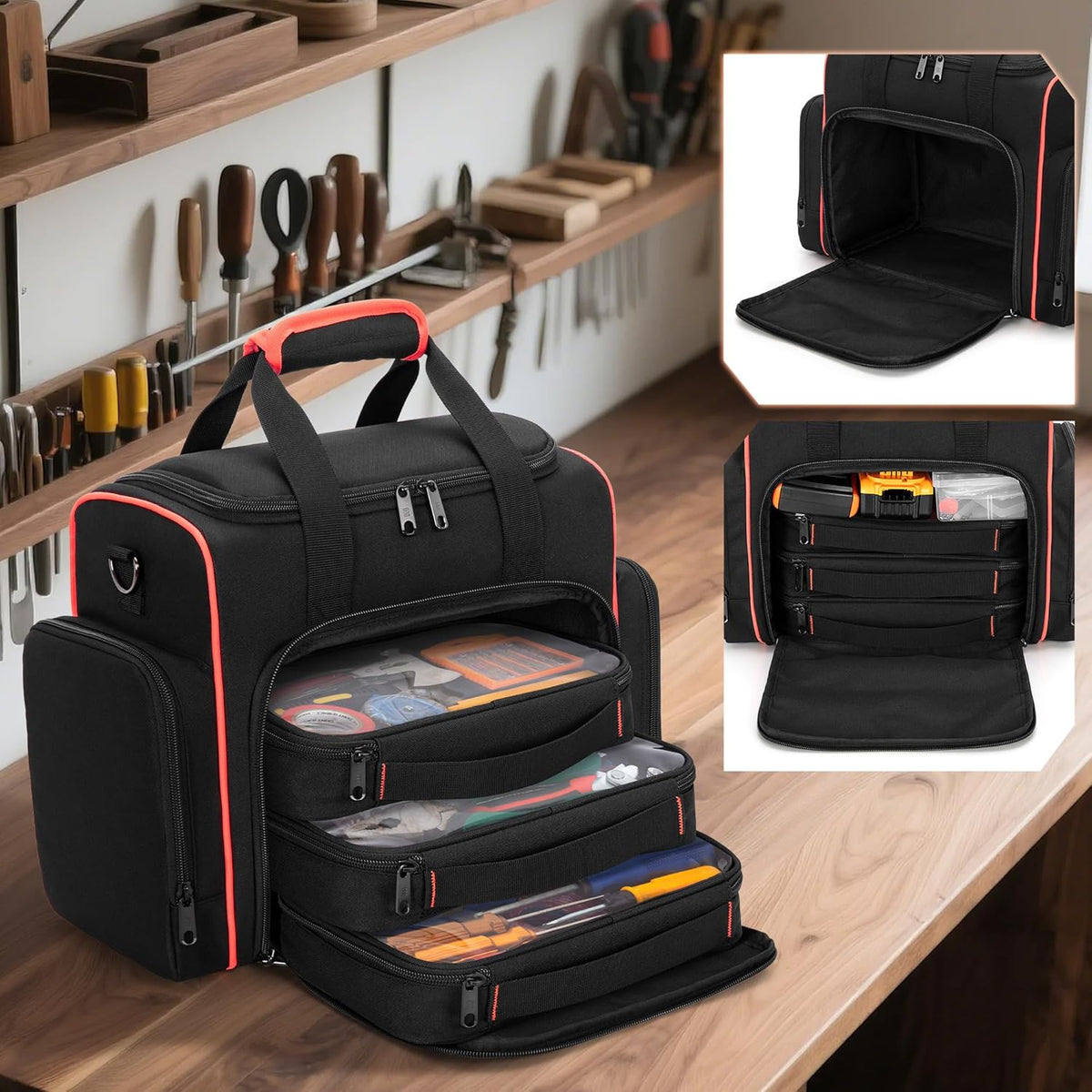 Tool Bag with 3 Removable Cases, 2 Layers Tool Tote for Hand Tools, Black with Red Binding