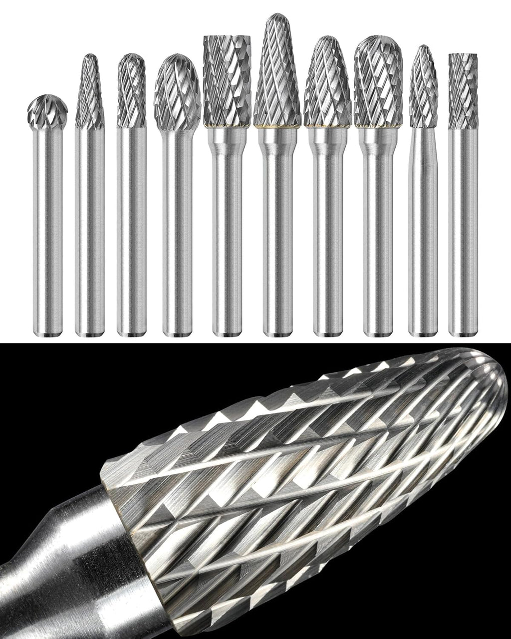 Sworker 10Pcs Carbide Burr Set 1/4 Shank w/Clear Box Max Head Dia 10mm Die Grinder Bits Rotary Tools Attachment Kit Rasp Accessories Metal Wood Stone Steel Grinding Deburring Cutting Porting Carving
