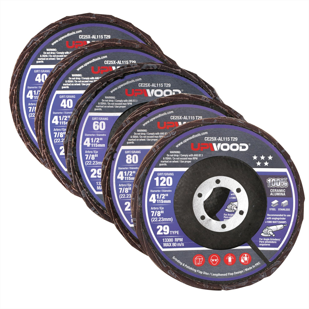 UPWOOD 5-Pack Ceramic Flap Discs, 4.5-Inch T29 Mixed Grit