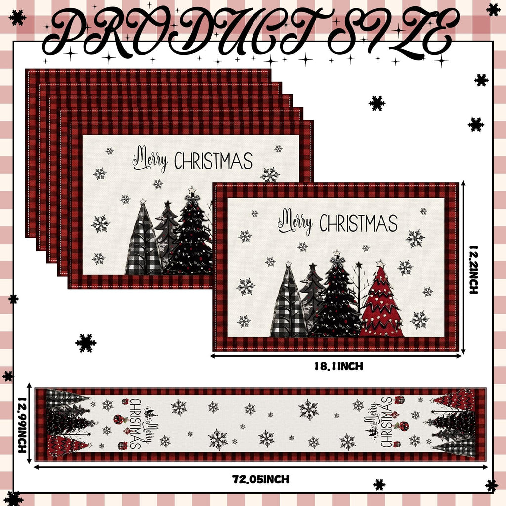 7 Pcs Christmas Table Runner and Placemats Set, Serve 6