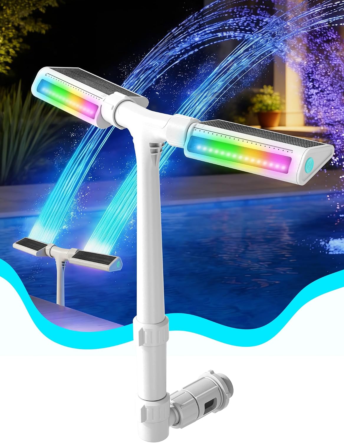 Solar Pool Fountain with Lights for Above & Inground Pools, White | Auto Light-Sensing, 10-Color 4-Modes LED Lights