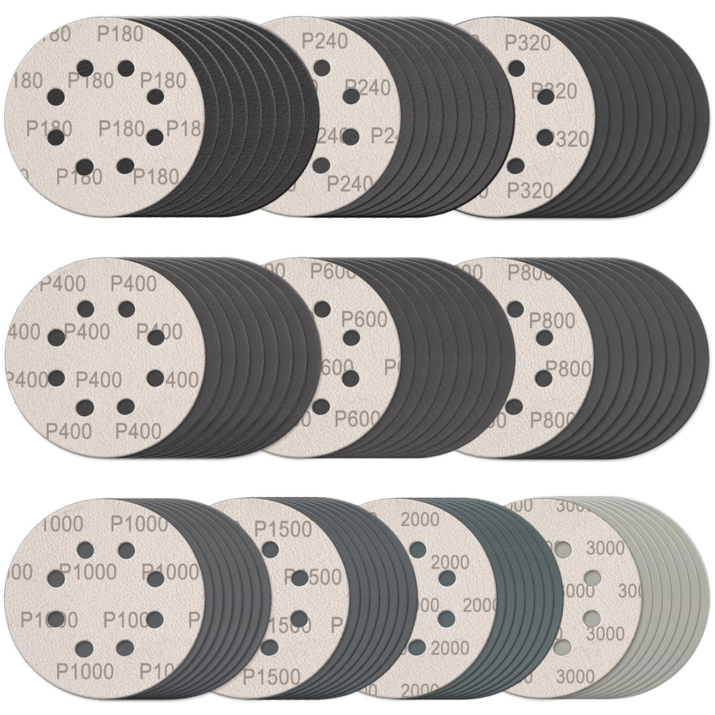 100Pcs 5 Inch Sanding Discs Hook & Loop 8-Hole Wet Dry Sandpaper Assortment