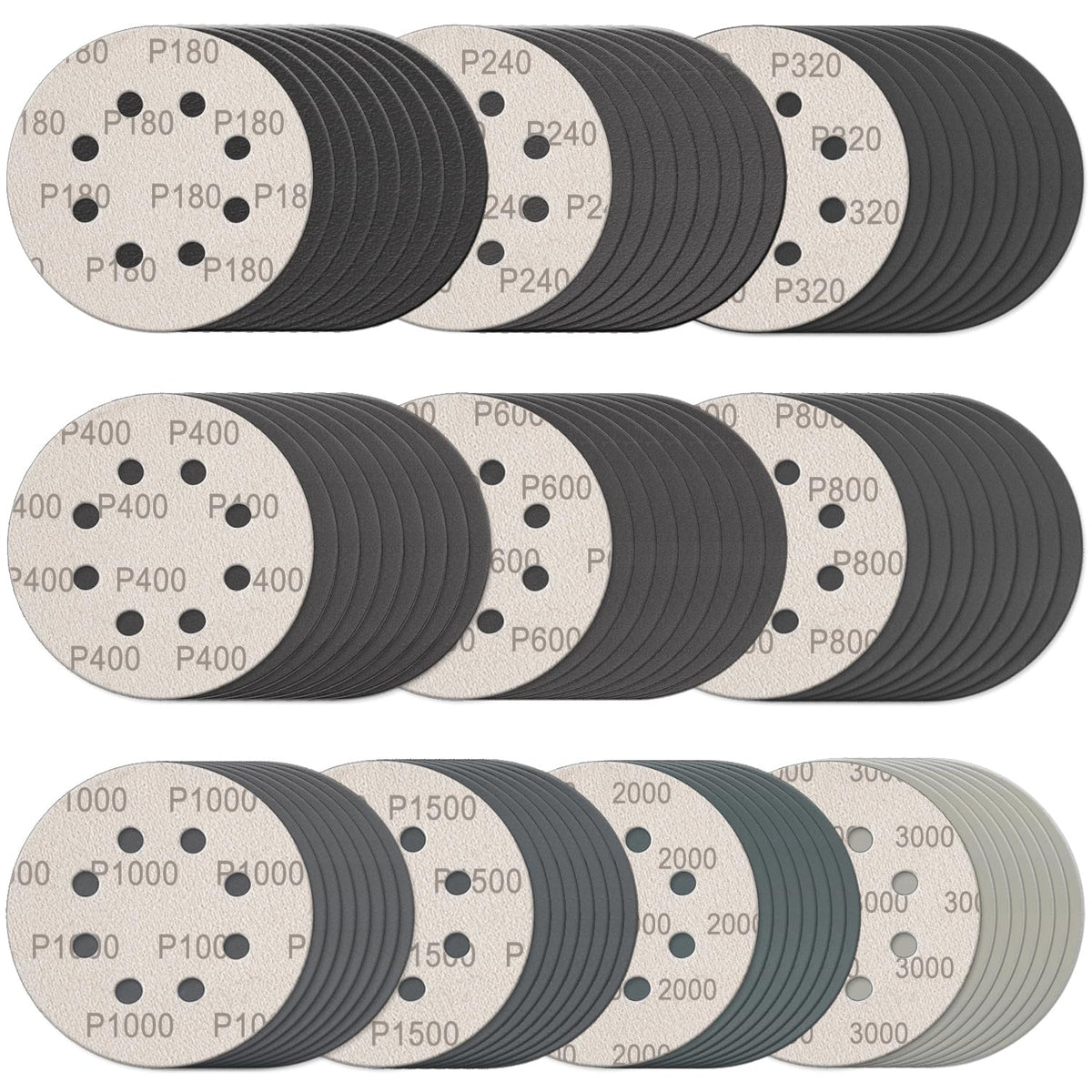 100Pcs 5 Inch Sanding Discs Hook & Loop 8-Hole Wet Dry Sandpaper Assortment