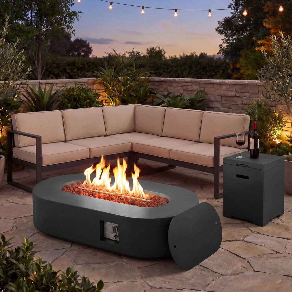 56" Propane Fire Pit Table Outdoor Oval Gas Fire Pit Table with Tank Holder