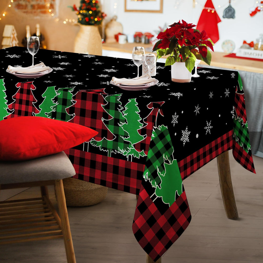Christmas Tablecloth 60 x 84 Inch, Christmas Trees Table Cloth Rectangular, Black Buffalo Plaid Oblong Winter Xmas