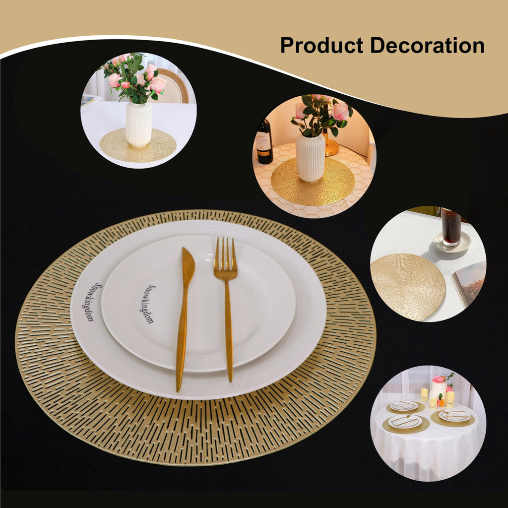 Round Placemats Gold Metallic Set of 6 Vinyl Hollow Placemats 15 Inch, Washable Easy Clean Wipeable Non Slip Stain