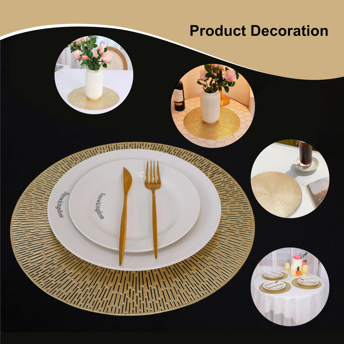 Gold Placemats Set of 18, 15 Inch Round Vinyl Metallic Place mats, Golden Washable Easy Clean Wipeable Non Slip Stain