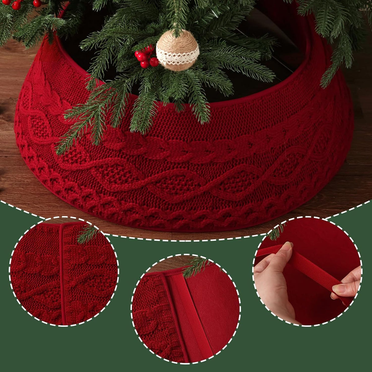 Knitted Christmas Tree Collar: Burgundy Cable Knit Styles Christmas Tree Collars for Artificial Trees, Crossed