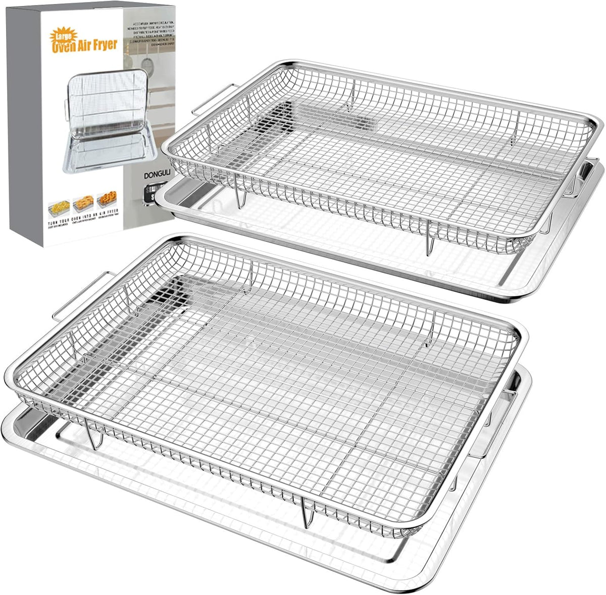 Air Fryer Basket Oven - 2 Set Large Air Fryer Basket and Tray Stainless Steel Oven Air Fryer Rack Pan Accessories for