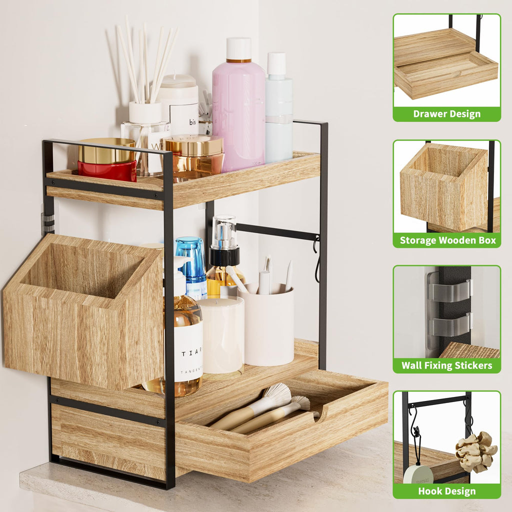 2-Tier Bathroom Counter Organizer, Wooden Vanity Shelf with Drawer & Basket