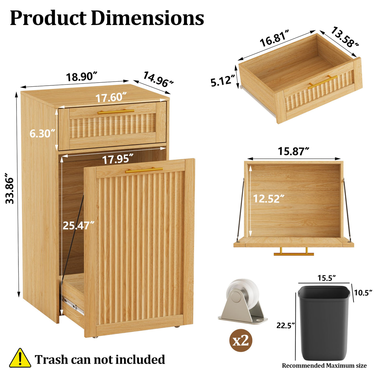 13 Gallons Pull Out Trash Can Cabinet, Hidden Trash Can, Natural Oak
