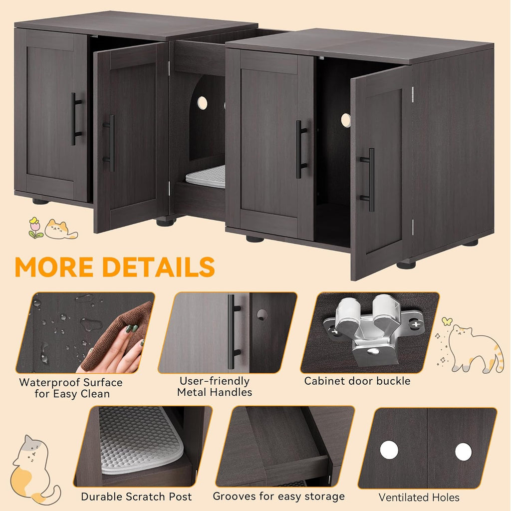 Double Cat Litter Box Enclosure for 2 Cats with Storage, Antique White