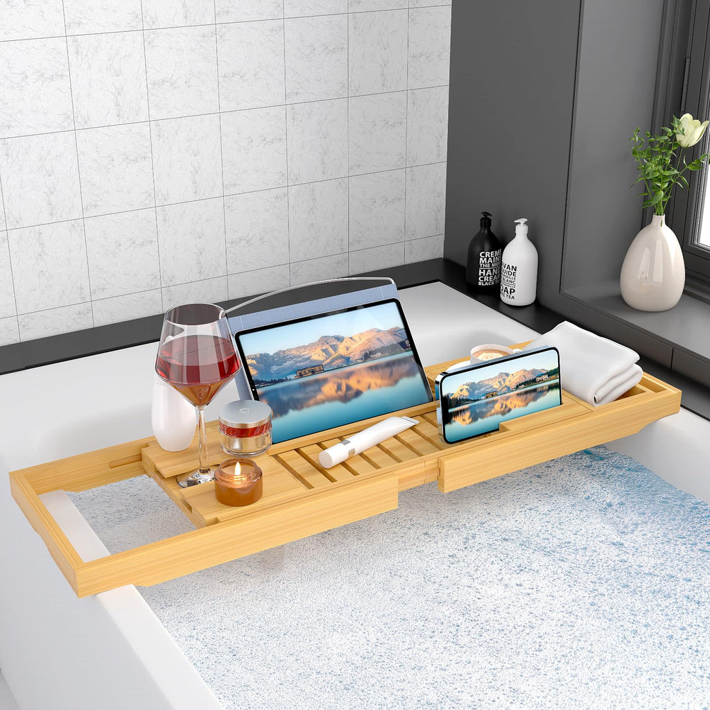 Luxury Bamboo Bathtub Tray - Wooden Expandable Caddy with Book, Tablet, Wine Holder - Gift Idea