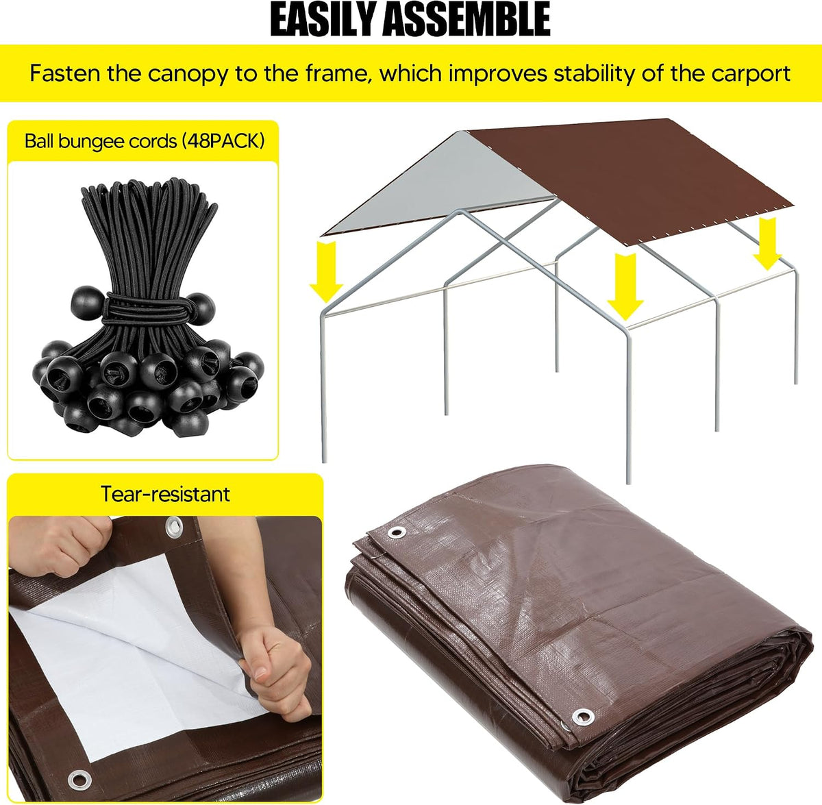 10 x 20 Ft Carport Replacement Canopy Cover Garage Top Tent Shelter Tarp with Free 48 Ball Bungee Cords,Brown (Only