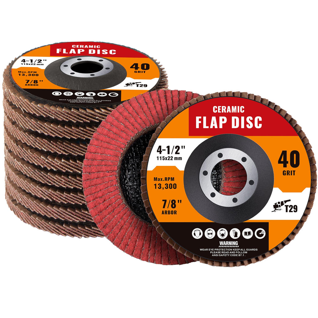 Shawya 10 Pack 40 Grit Flap Disc 4 1/2 in T29 Ceramic Grinding Wheel Disc for Metal, Wood, Stainless Steel Finishing, Angle Grinder Sanding Disc 7/8" Arbor