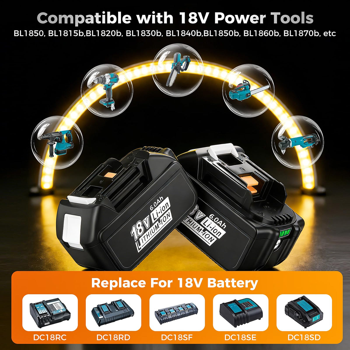 2 Pack 6Ah Replacement for 18V Battery BL1860B, Replacement Batteries