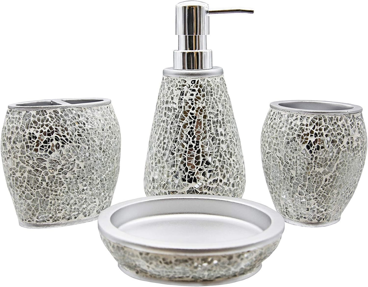 Luxury Modern Décor 4 Piece Bath Accessories Set Ensemble Included Bathroom Liquid Soap Lotion Dispenser Pump
