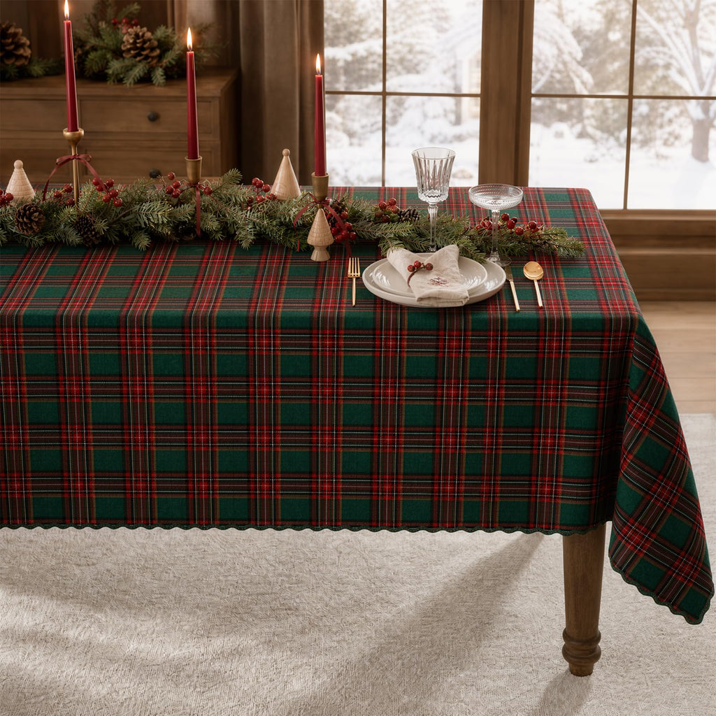 Christmas Tartan Plaid Rectangle Tablecloth for 6 Foot Rectangle Tables, 55 X 84 Holiday Red Forest Green Vintage