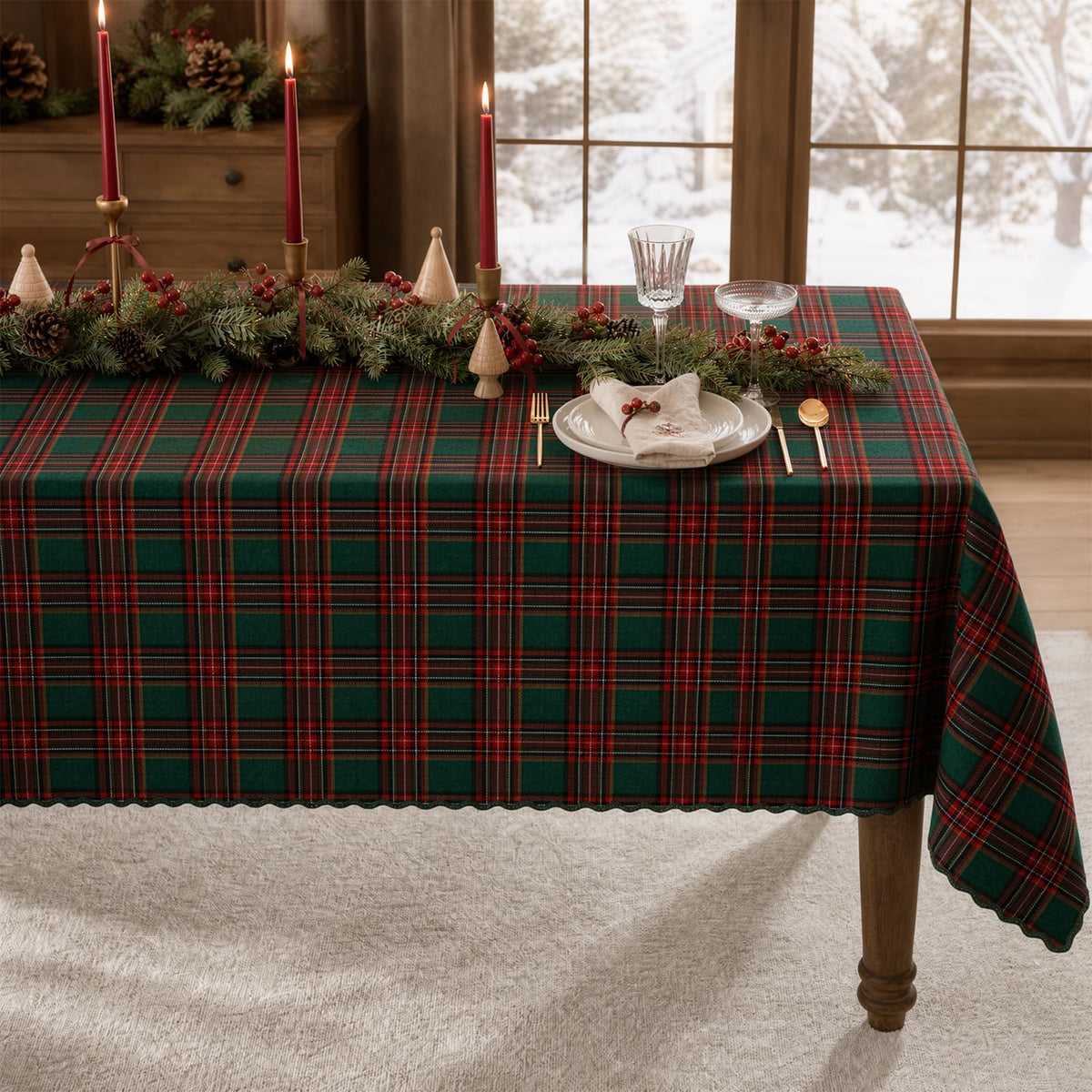 Christmas Tartan Plaid Rectangle Tablecloth for 6 Foot Rectangle Tables, 55 X 84 Holiday Red Forest Green Vintage