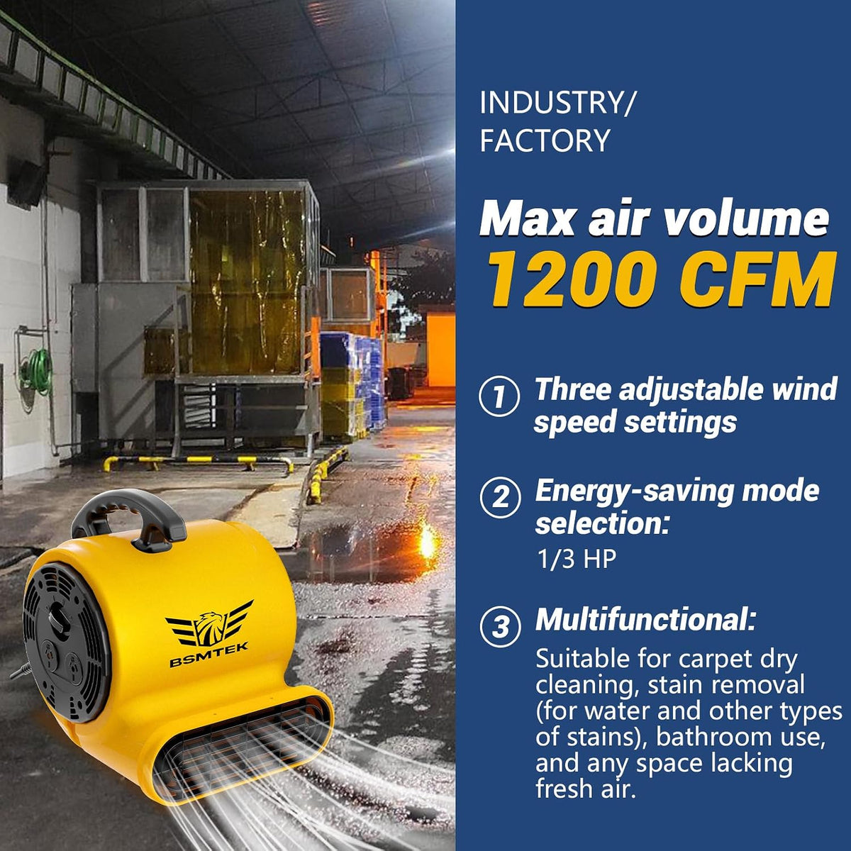 Air Mover Blower Fan, Industrial 1/3HP 1200CFM Monster Floor Blower Carpet Dryers - 3 Speeds Switch, 4 Adjustable