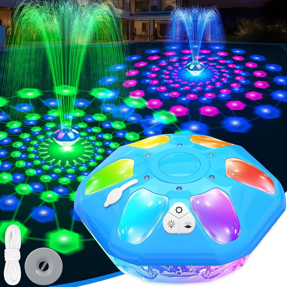9000mah Rechargeable Floating Pool Fountain with Light Show & Anchor -1PC | Upgraded Pool Fountain,Pool Water