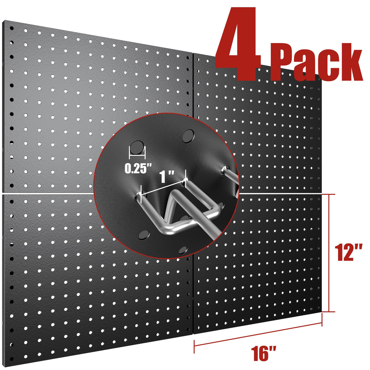 Peg Board, 4 Pack 16x12 Black Pegboard Organizer with 50 Hooks