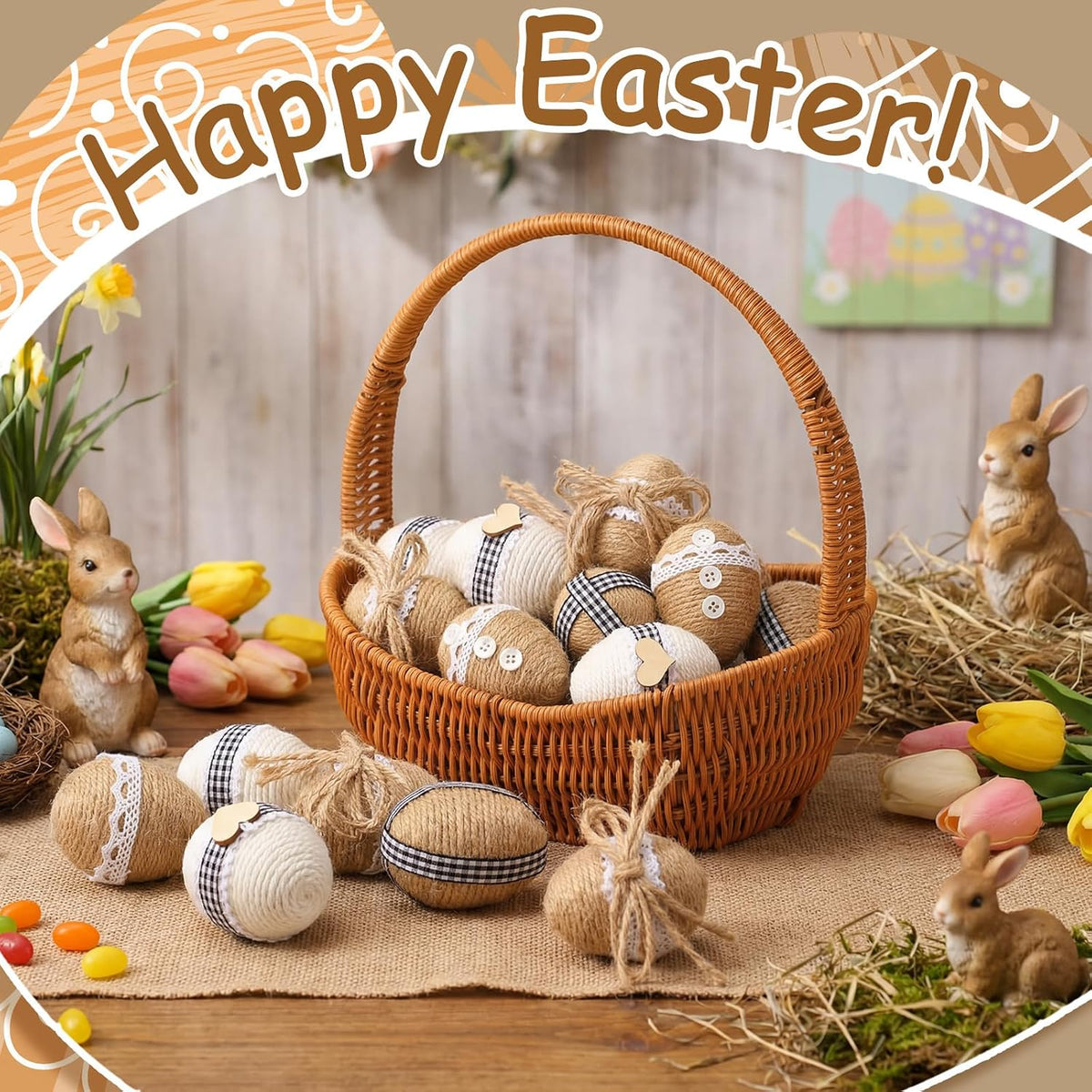 12 Pcs Rustic Farmhouse Easter Burlap Eggs Decoration Vintage Black and White Easter Eggs Ornaments Set Bowl Filler