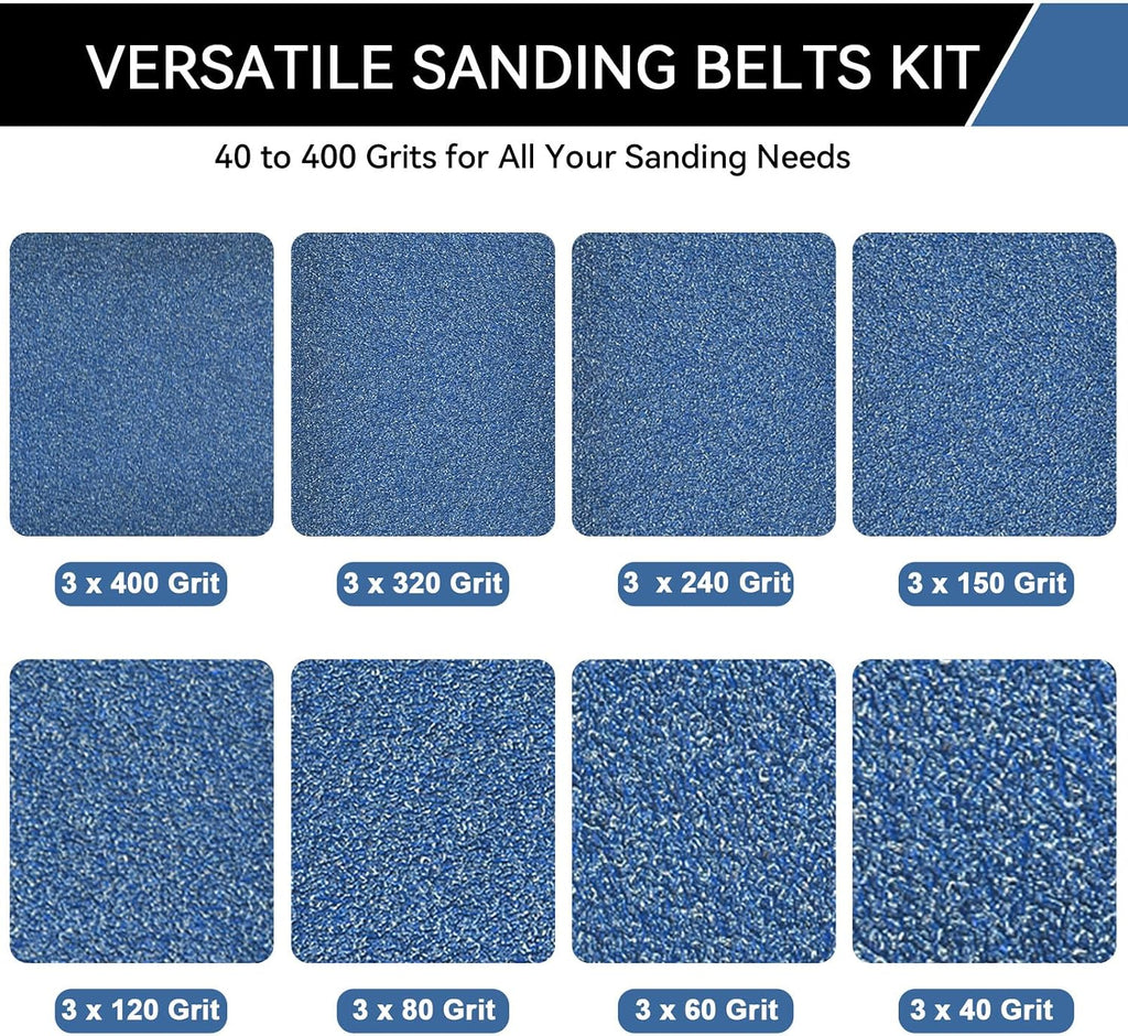 2x42 Inch Sanding Belts 24 Pcs 8 Grits Sizes (3 Each of 40/60/80/120/150/240/320/400 Grits) Heavy Duty Belt Sander Zirconia Belt Sander Paper for Wood Metal Stainless Steel Cars and Furniture