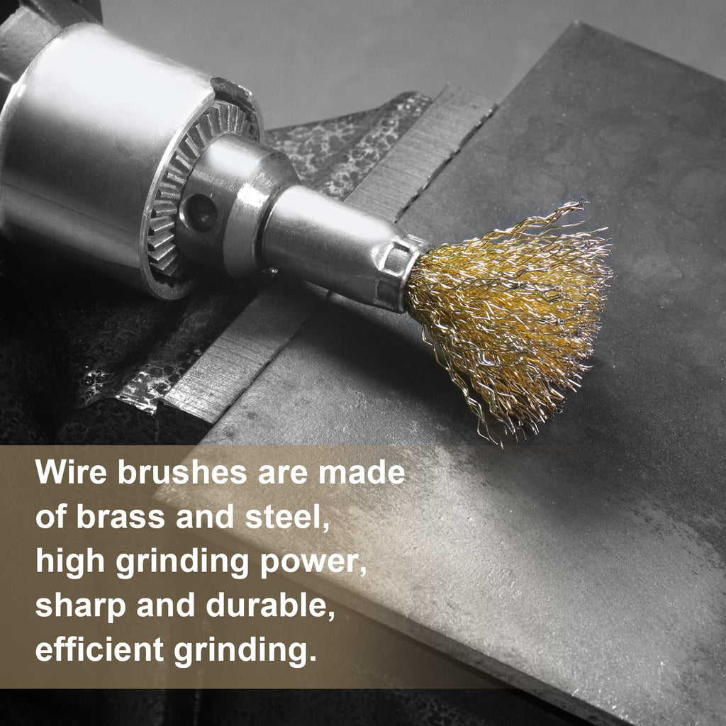 ATOPLEE 20pcs Brass Coated Wire Brush Wheel & Cup Brush Set with 1/4 Inch Round Shank,Diameter 1''(25mm) Crimped Wire Brush Wheel for Rust Removal, Corrosion and Scrub Surfaces,for Drill Attachment